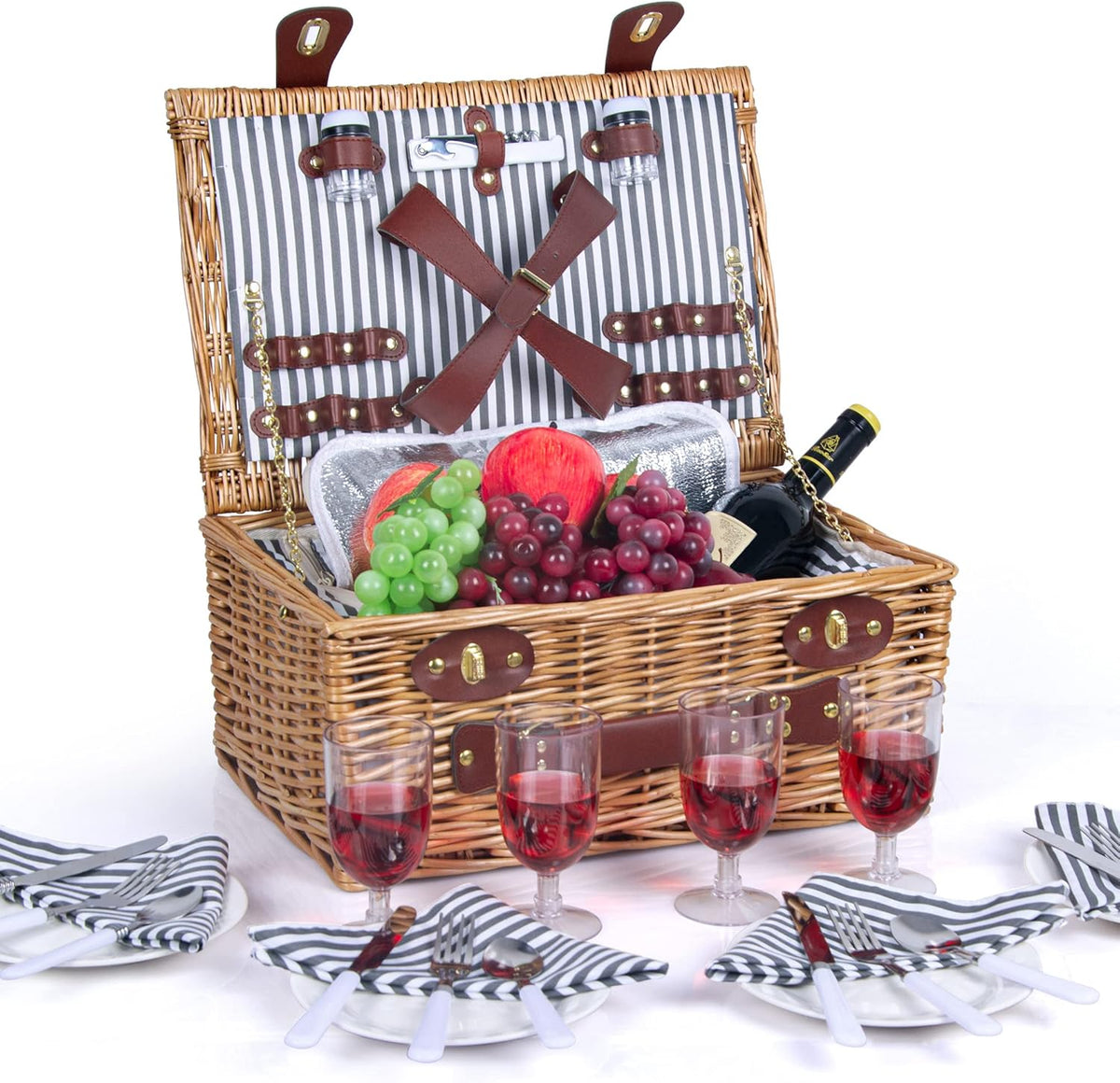 Picnic Basket for 2 with Insulated Liner, Grey Stripes W53954