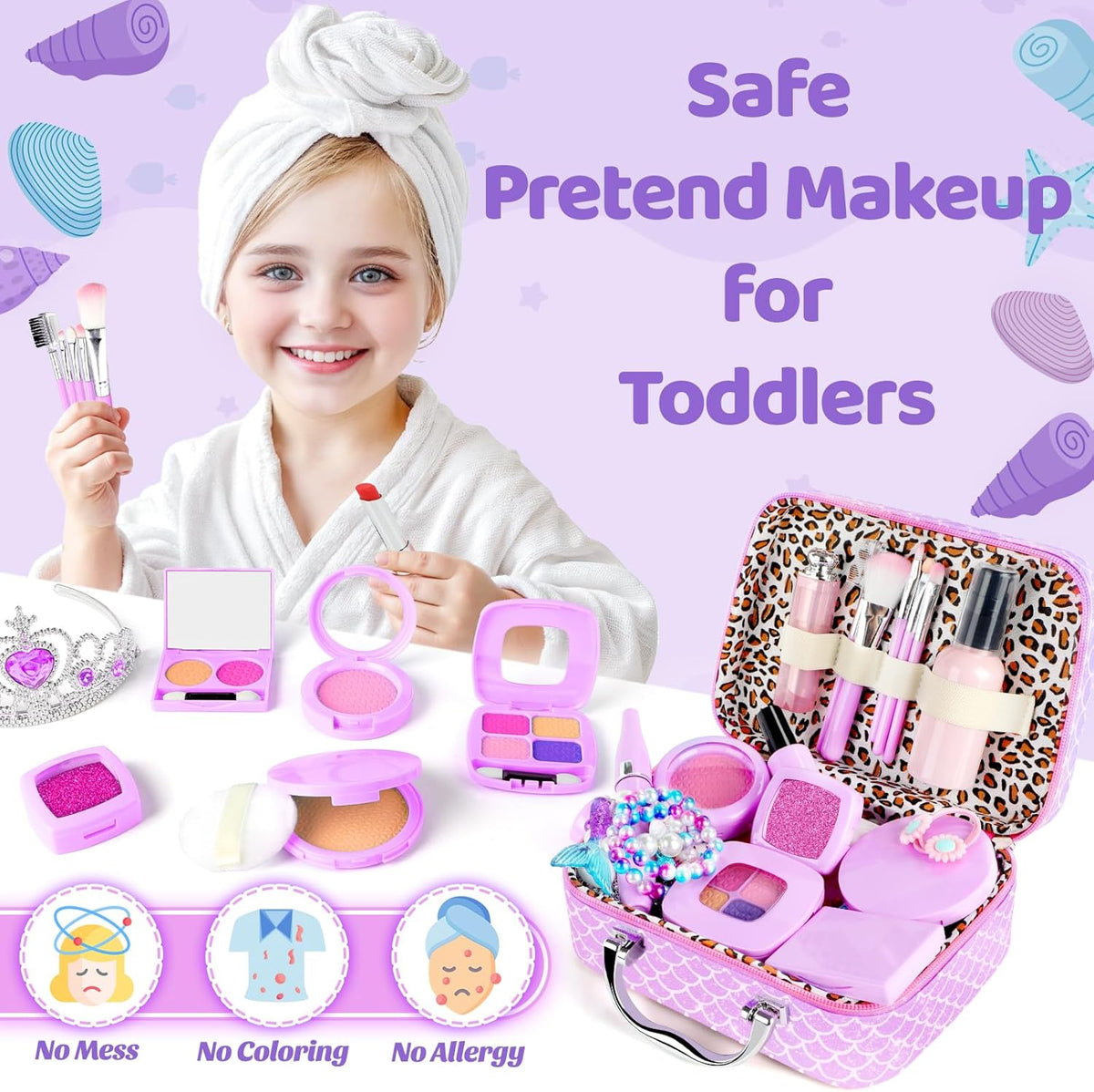 Pretend Makeup for Toddlers Toys, Fake Makeup Mermaid Toys for Girls Purse, Toddler Makeup Kit H572