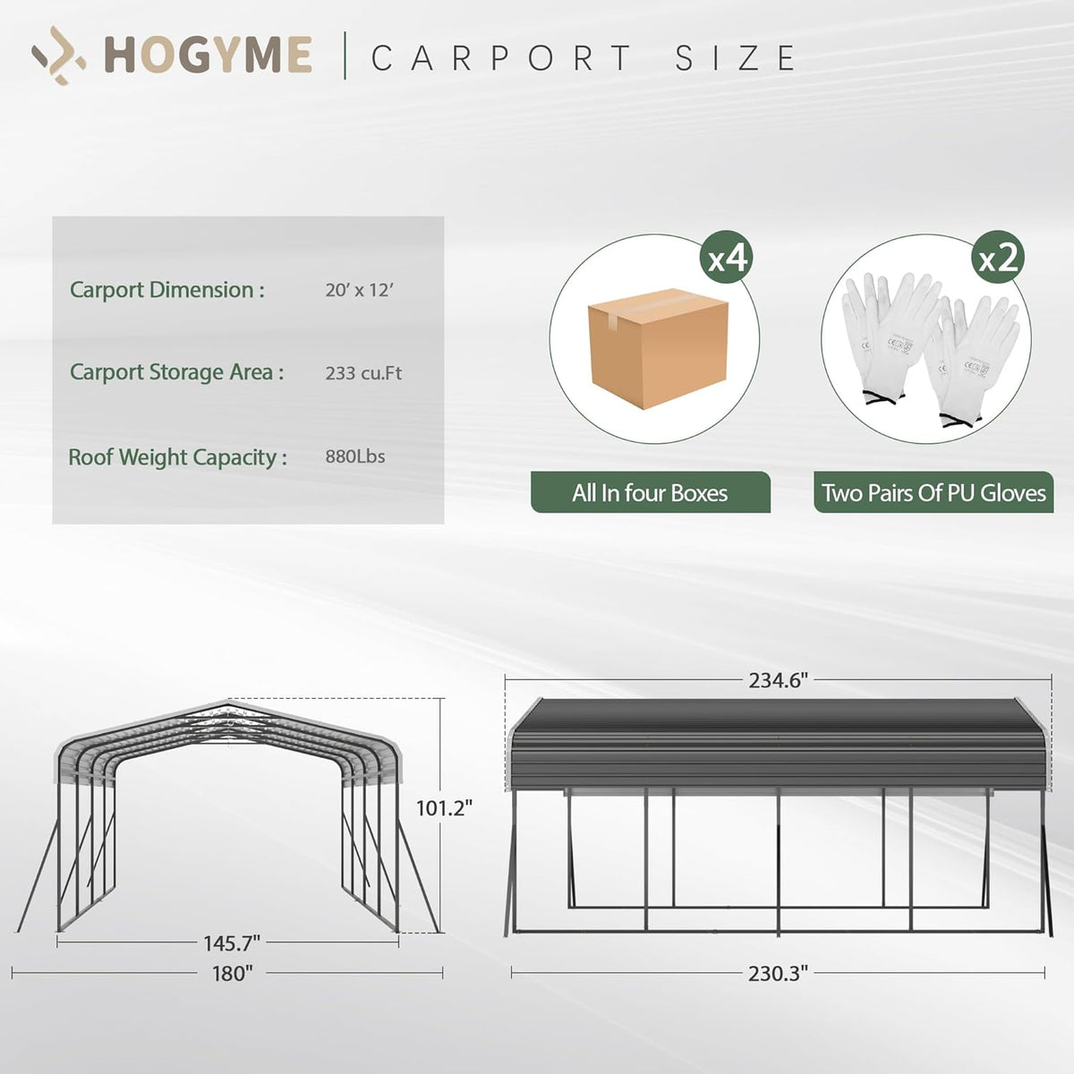 Grey Heavy Duty Galvanized Steel Carport Canopy 12x20 FT X70825