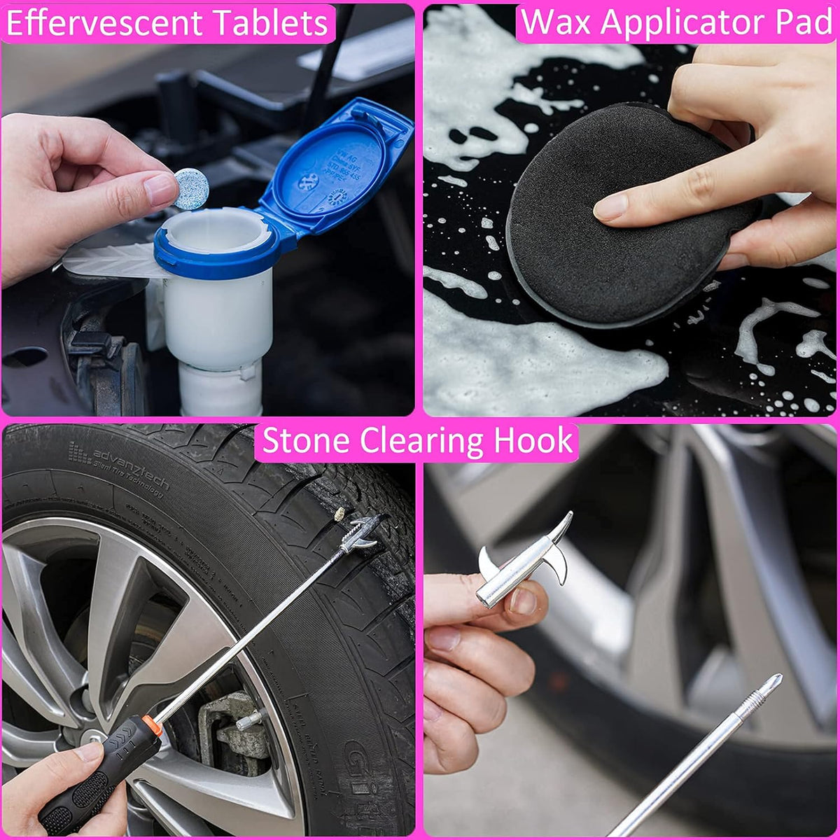 29Pcs Car Cleaning Kit Wash Tools Set with Long Handle Brush Mop, Extendable Pole, Wash Mitt, Towels, Storage Box, Pink S8992