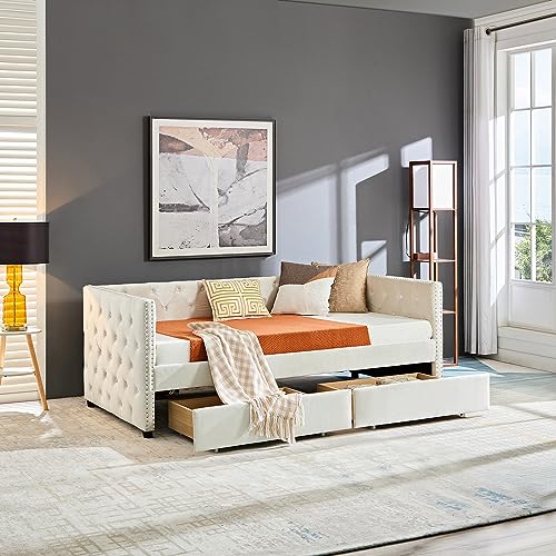 Beige Velvet Twin Daybed with Storage and Drawers H55842