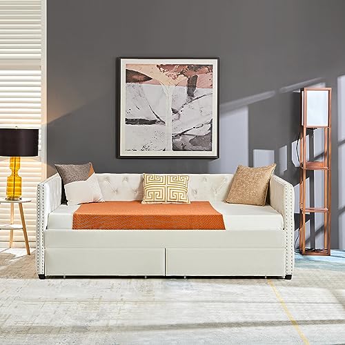 Beige Velvet Twin Daybed with Storage and Drawers H55842