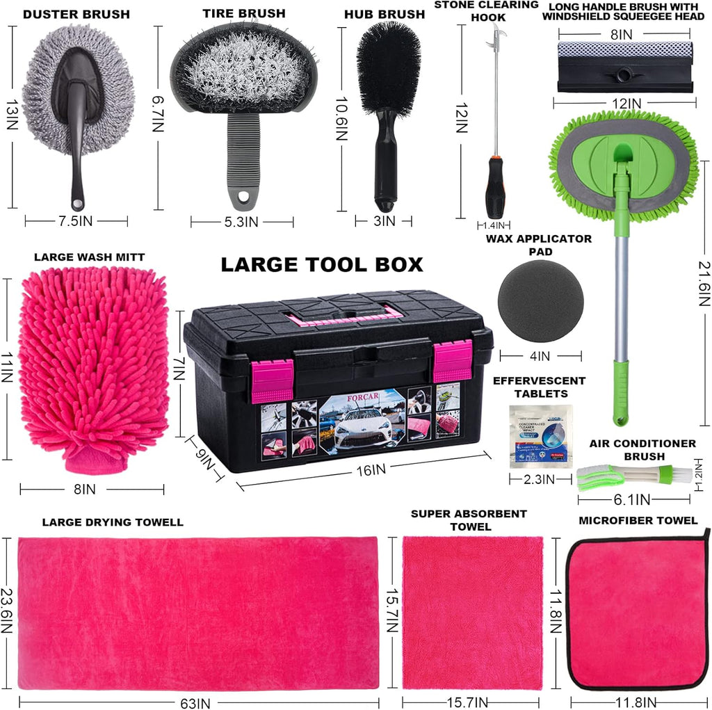 29Pcs Car Cleaning Kit Wash Tools Set with Long Handle Brush Mop, Extendable Pole, Wash Mitt, Towels, Storage Box, Pink S8992