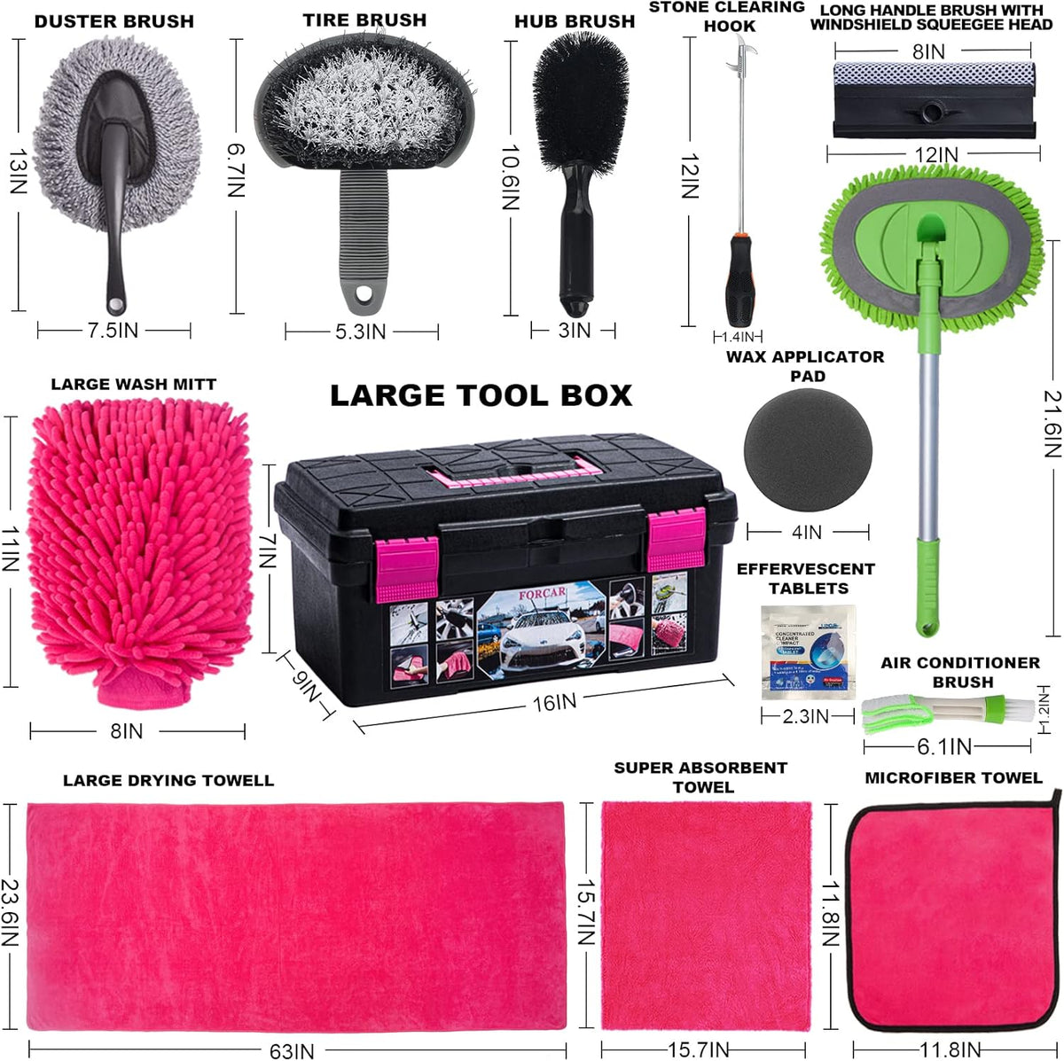 29Pcs Car Cleaning Kit Wash Tools Set with Long Handle Brush Mop, Extendable Pole, Wash Mitt, Towels, Storage Box, Pink S8992
