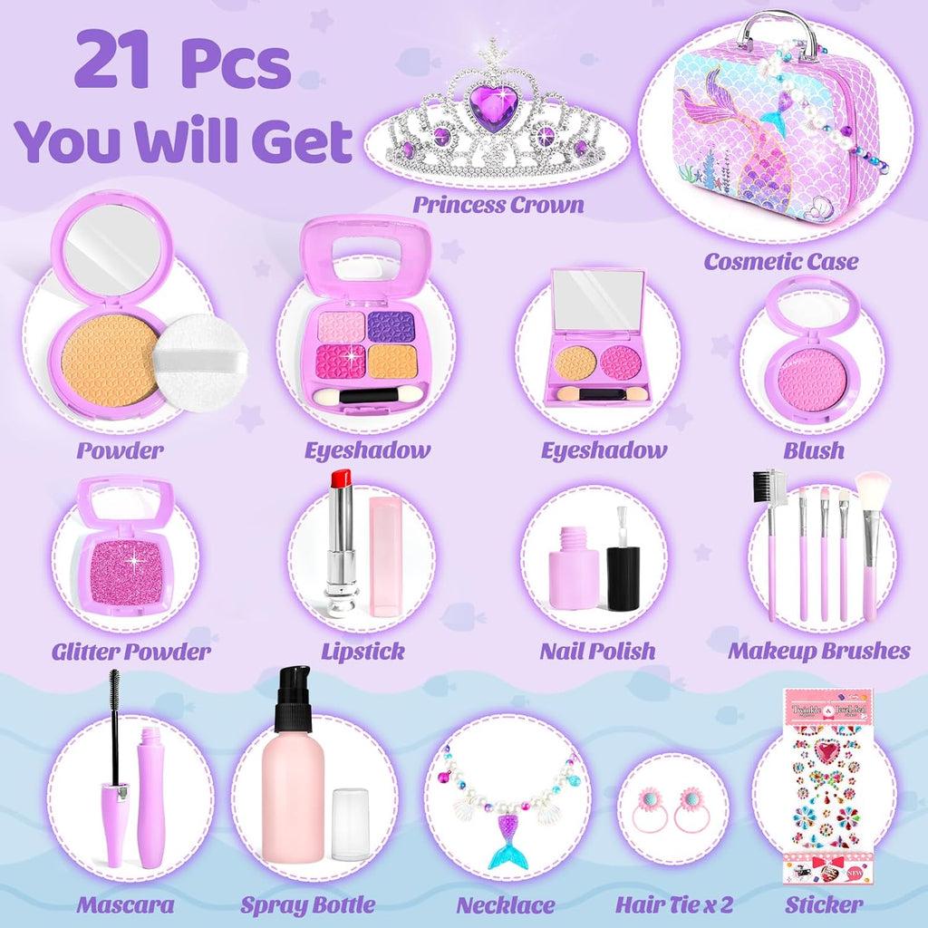Pretend Makeup for Toddlers Toys, Fake Makeup Mermaid Toys for Girls Purse, Toddler Makeup Kit H572