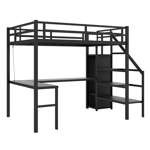 Black Full Size Gaming Loft Bed with Desk and Shelves R2077
