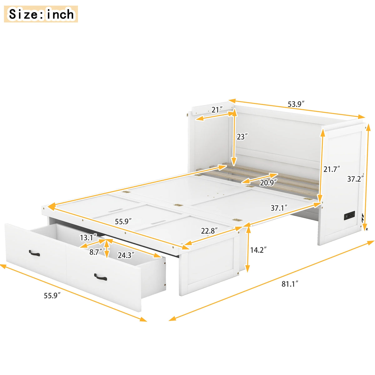 Full Size Solid Wood Murphy Bed with 2 Storage Drawers G9053