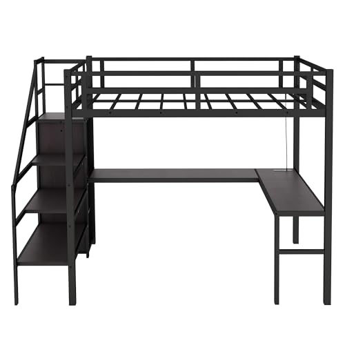 Black Full Size Gaming Loft Bed with Desk and Shelves R2077