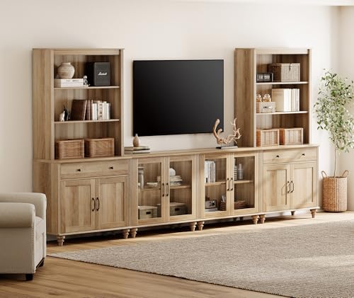 Off White Entertainment Center with Bookshelves, 8 Doors & 4 Drawer TV Stand H790