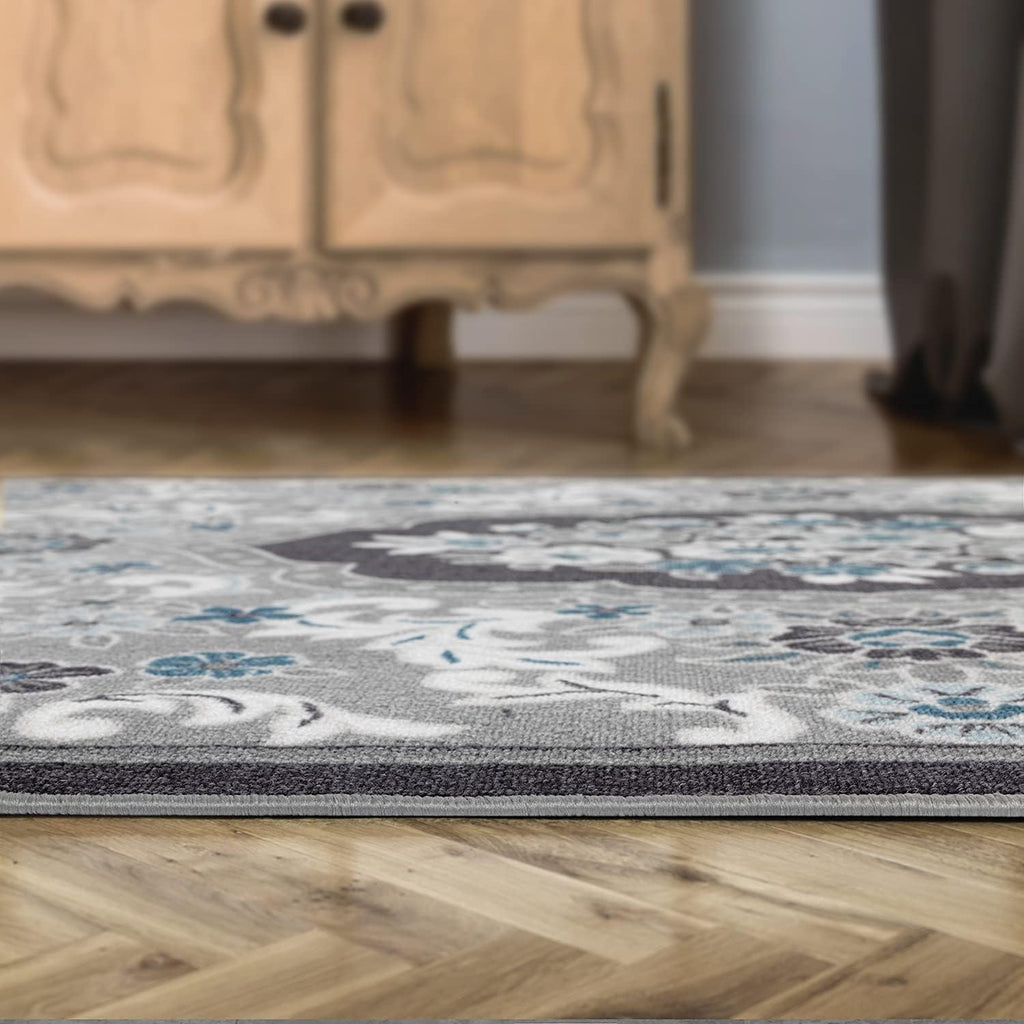 Gray 6'7" x 9' Non-Skid Rubber Backing Floral Area Rug B7860
