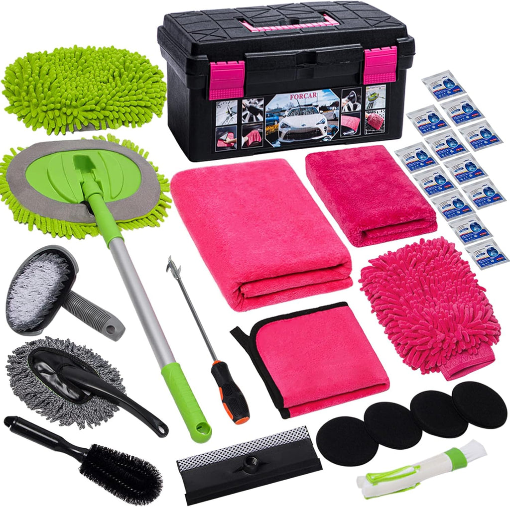 29Pcs Car Cleaning Kit Wash Tools Set with Long Handle Brush Mop, Extendable Pole, Wash Mitt, Towels, Storage Box, Pink S8992