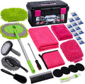 29Pcs Car Cleaning Kit Wash Tools Set with Long Handle Brush Mop, Extendable Pole, Wash Mitt, Towels, Storage Box, Pink S8992