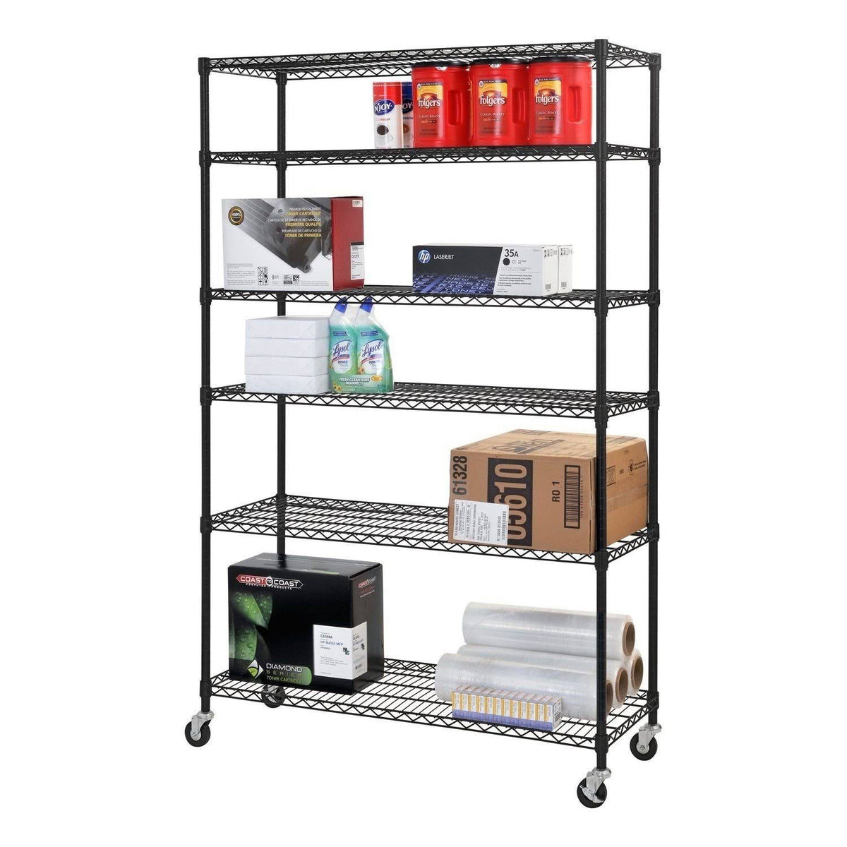 Black 6-Tier Wire Shelving Unit with Rubber Casters J258099