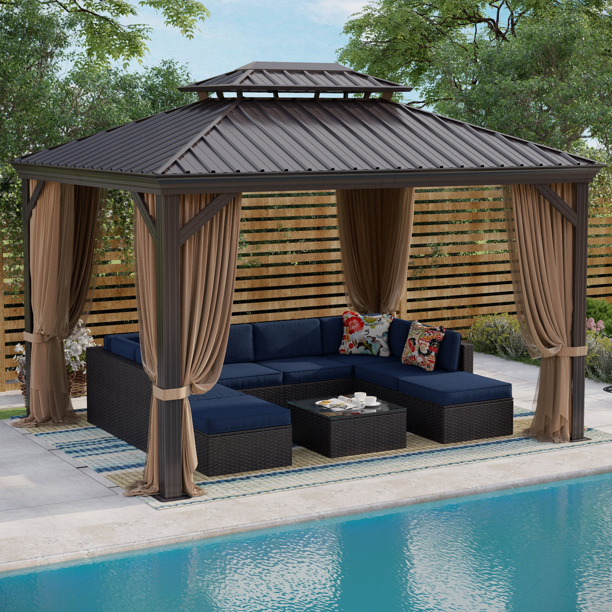 12' x 16' Hardtop Aluminum Gazebo Canopy with Netting & Curtains D5993