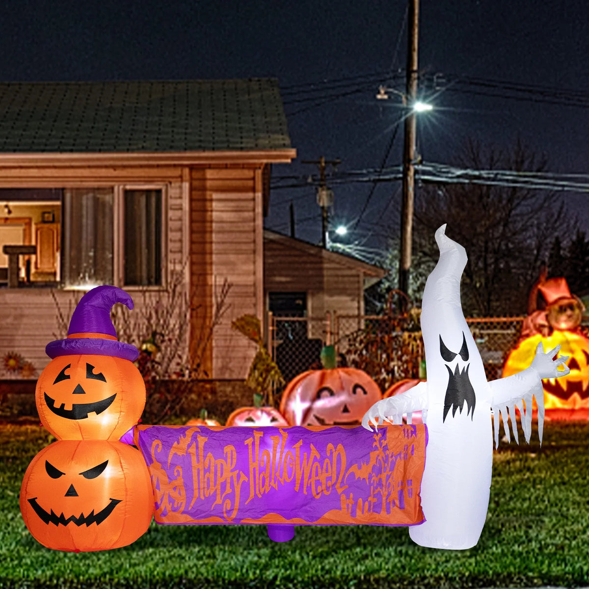 8FT Halloween Inflatables Outdoor Decoration Ghost Pumpkin Holding Happy Halloween Banner with Built-in Lights G8550