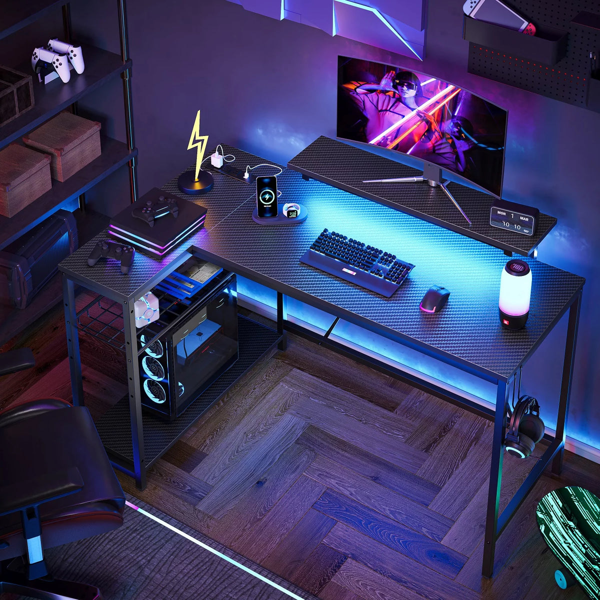 48" L Shaped Gaming Desk with LED Lights A619