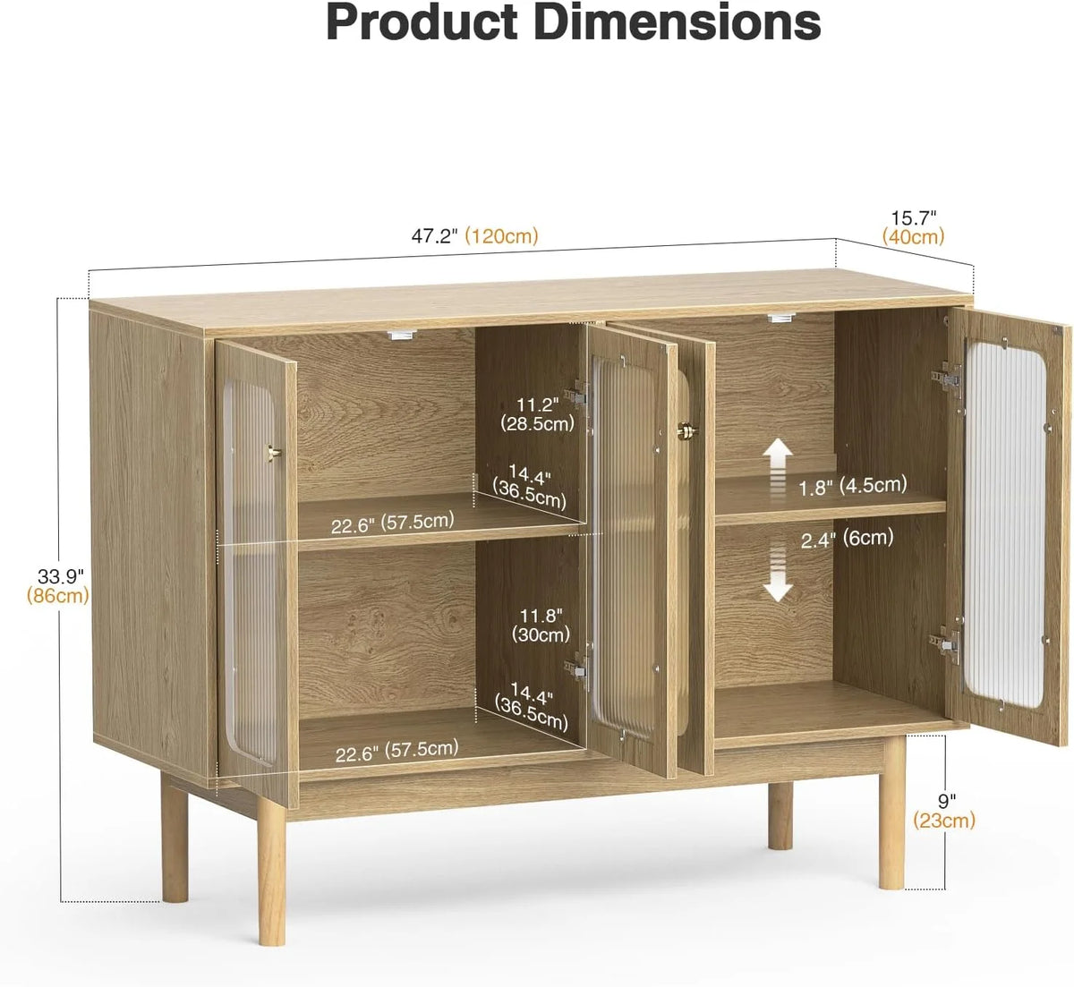 4 Door Wood Buffet Cabinet with Glass Door and Adjustable Shelves H8981