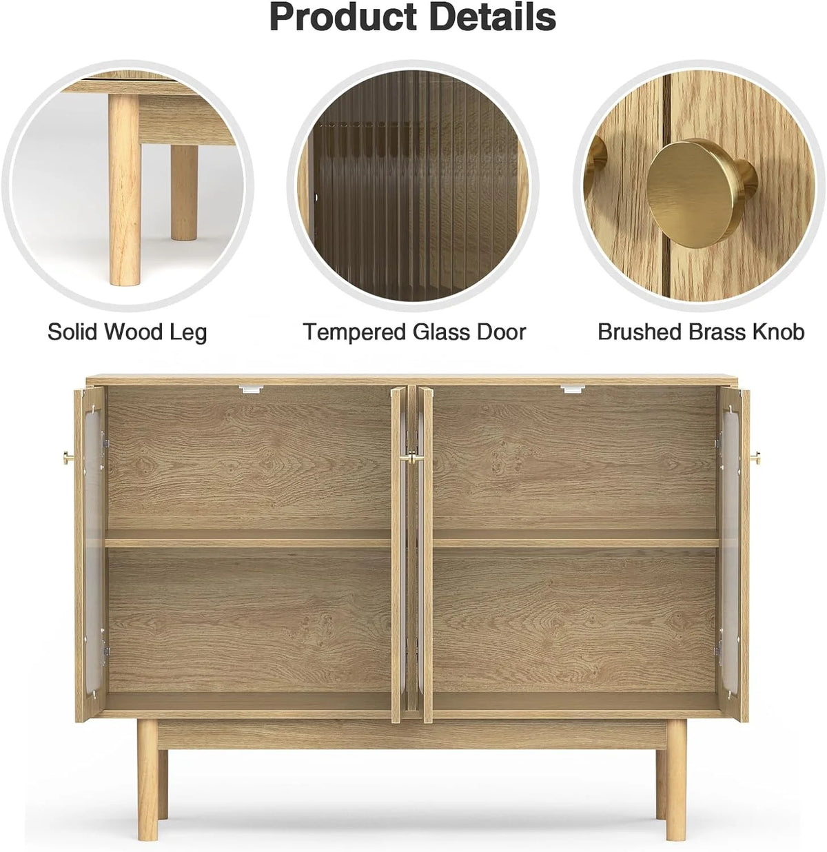 4 Door Wood Buffet Cabinet with Glass Door and Adjustable Shelves H8981