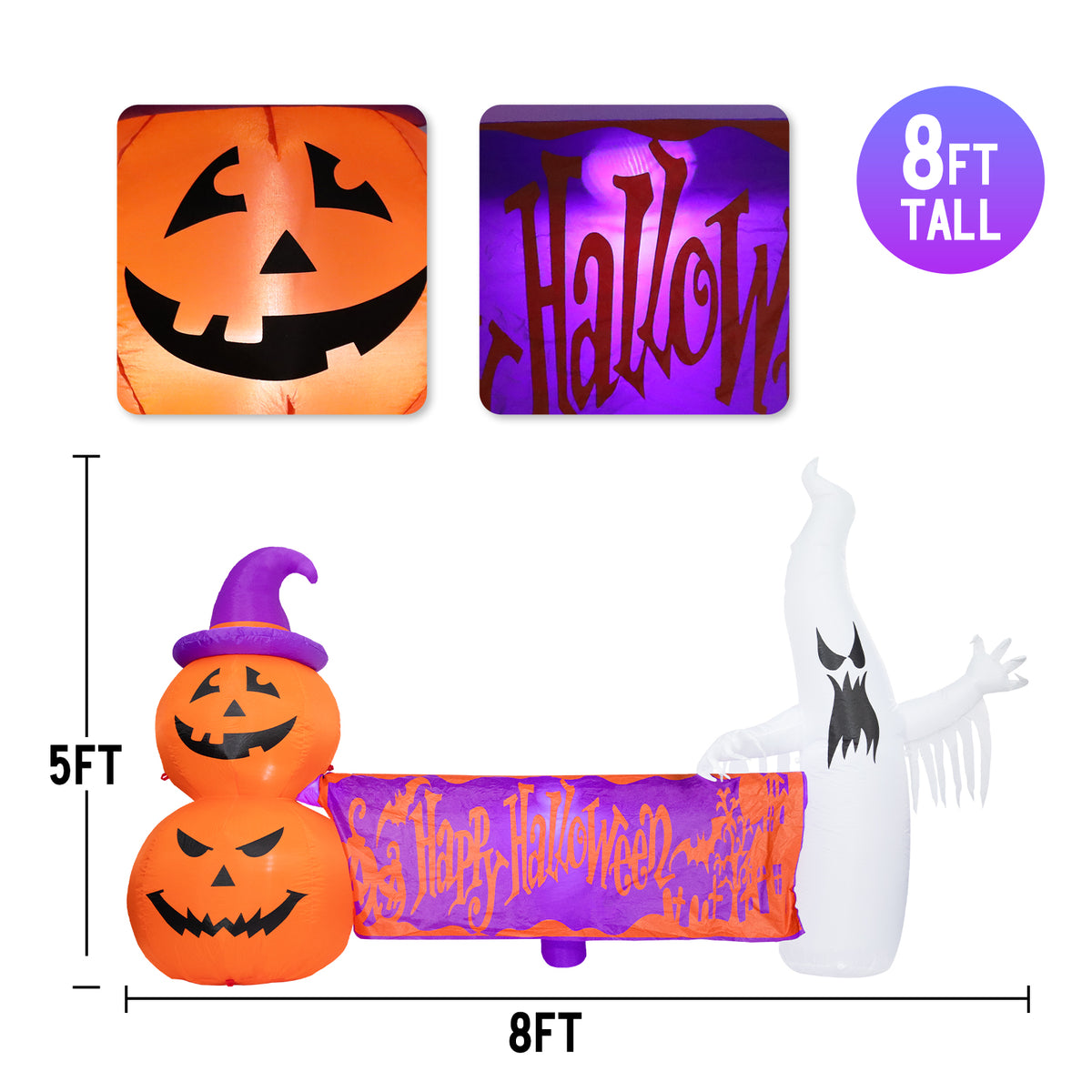 8FT Halloween Inflatables Outdoor Decoration Ghost Pumpkin Holding Happy Halloween Banner with Built-in Lights G8550