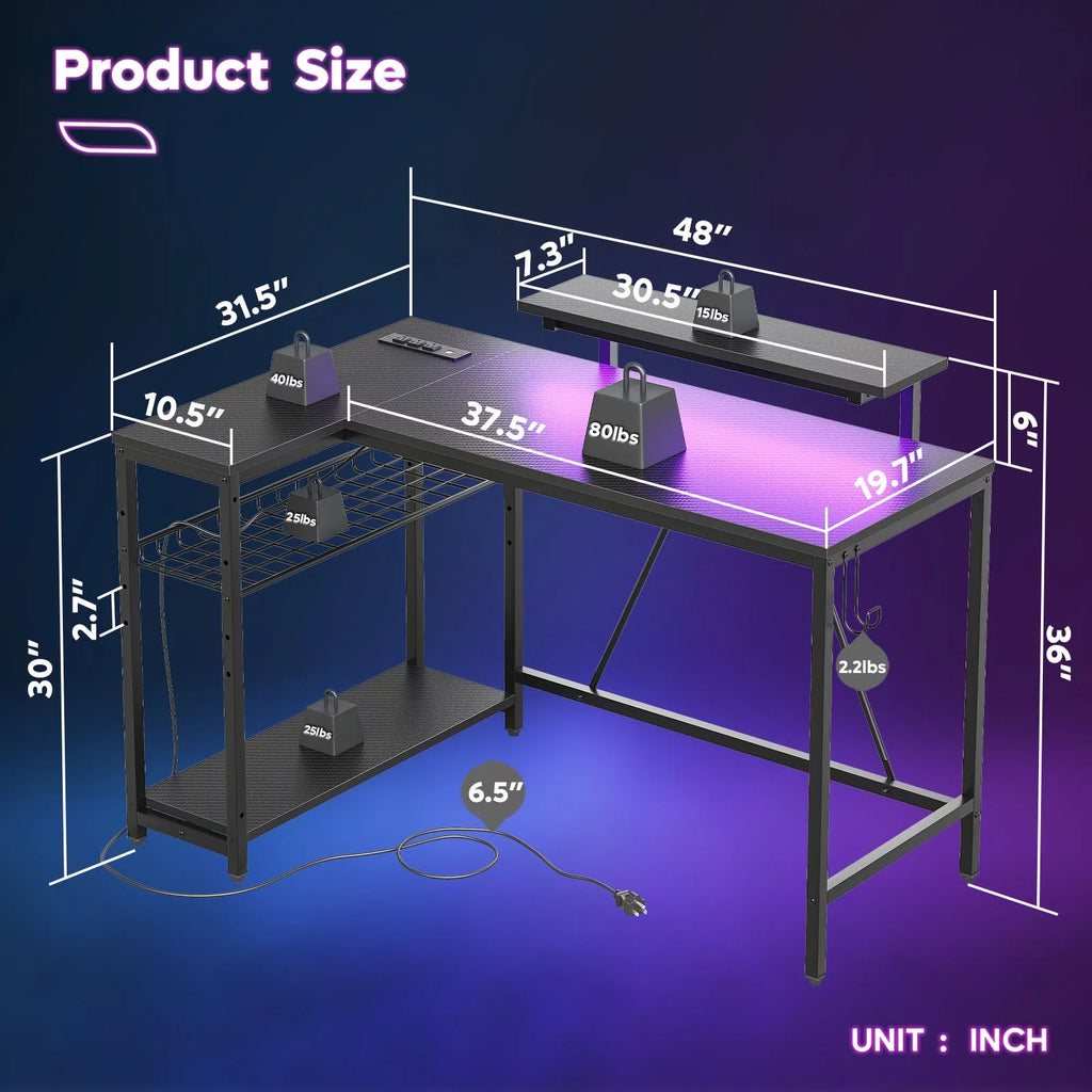 48" L Shaped Gaming Desk with LED Lights A619