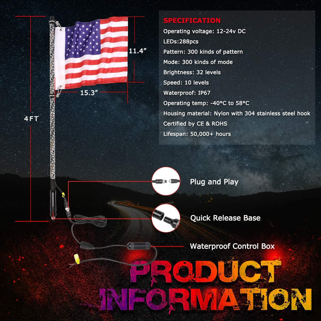 Pack of 2 LED RGB Whip Lights for Offroad UTV ATV X3885