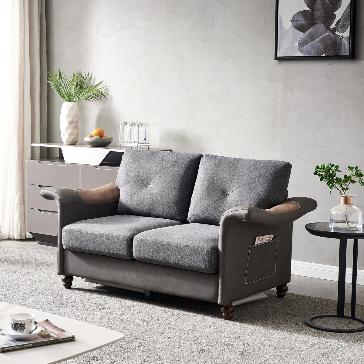 Dark Grey Faux Leather & Linen Sectional Sofa Set Q58127
