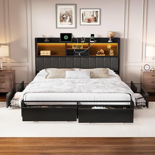King Size Wooden Platform Bed Frame with 6 Storage Drawers and Headboard R6195