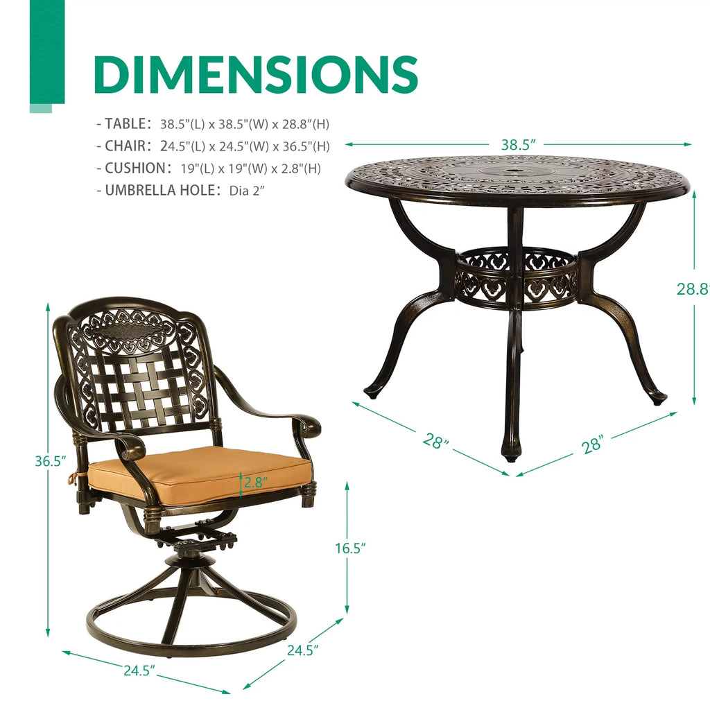 5-Piece Cast Aluminum Outdoor Patio Dining Set with 4 Swivel Chairs and Round Table P509169