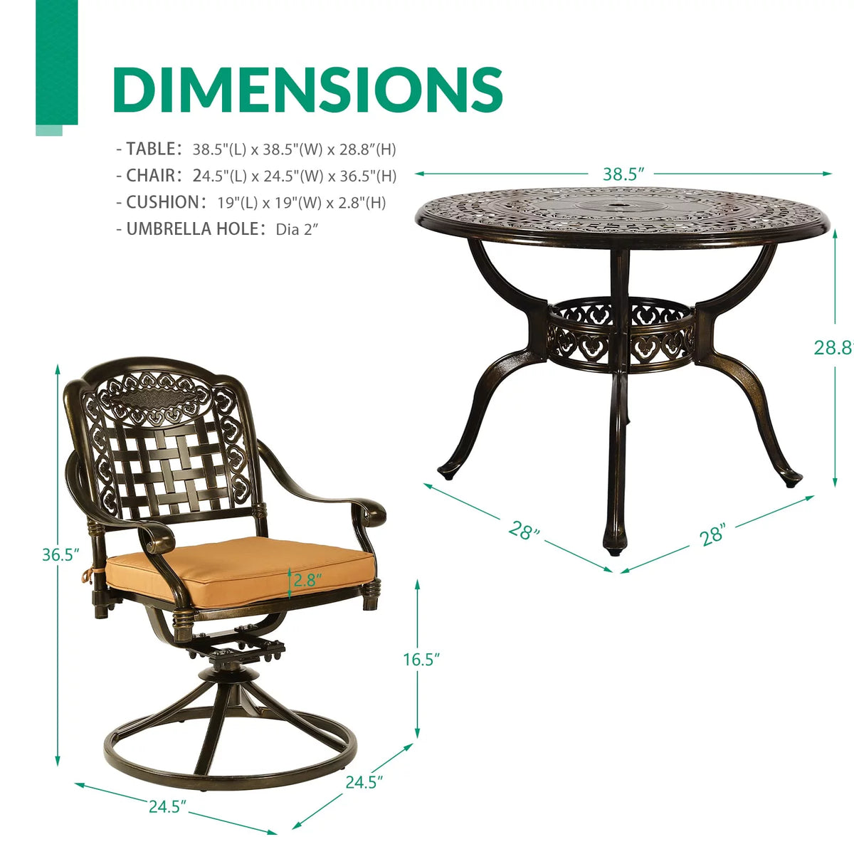 5-Piece Cast Aluminum Outdoor Patio Dining Set with 4 Swivel Chairs and Round Table P509169