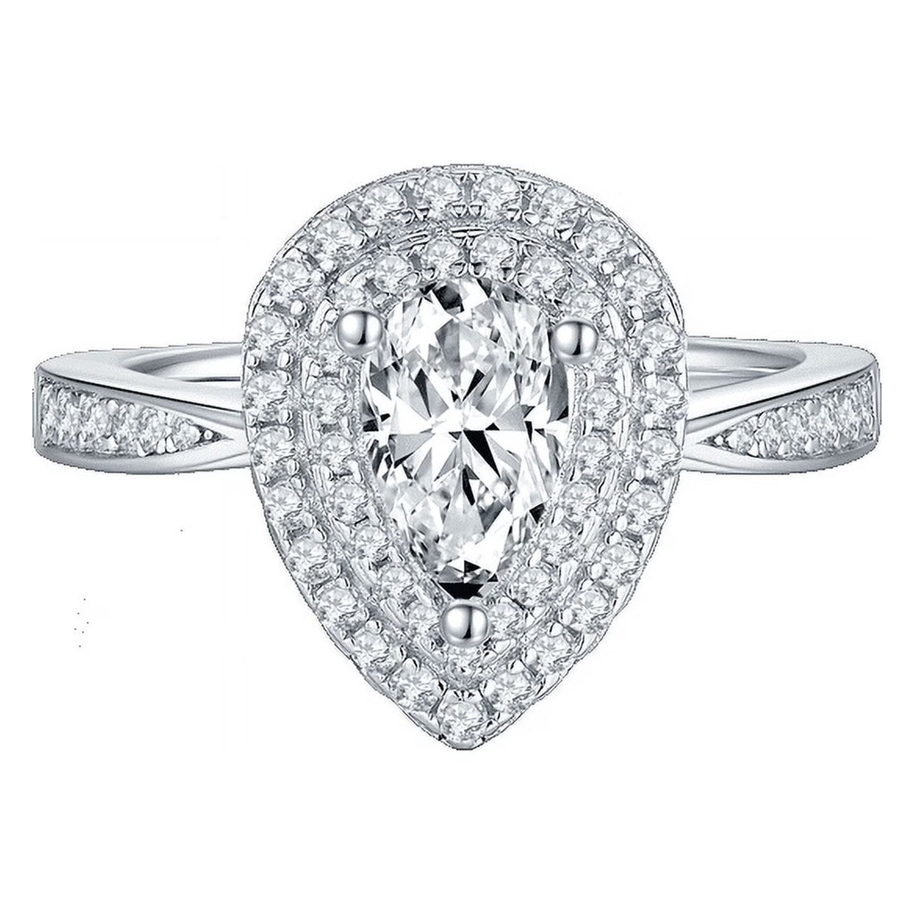 Pear Cut Moissanite Pave Set Engagement Ring In 18K White Gold Plating Over Silver V855039
