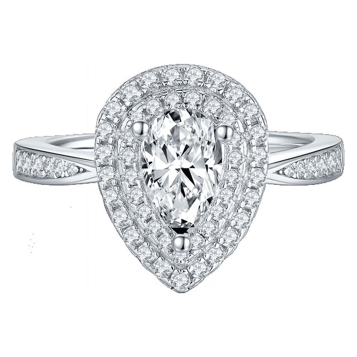 Pear Cut Moissanite Pave Set Engagement Ring In 18K White Gold Plating Over Silver V855039