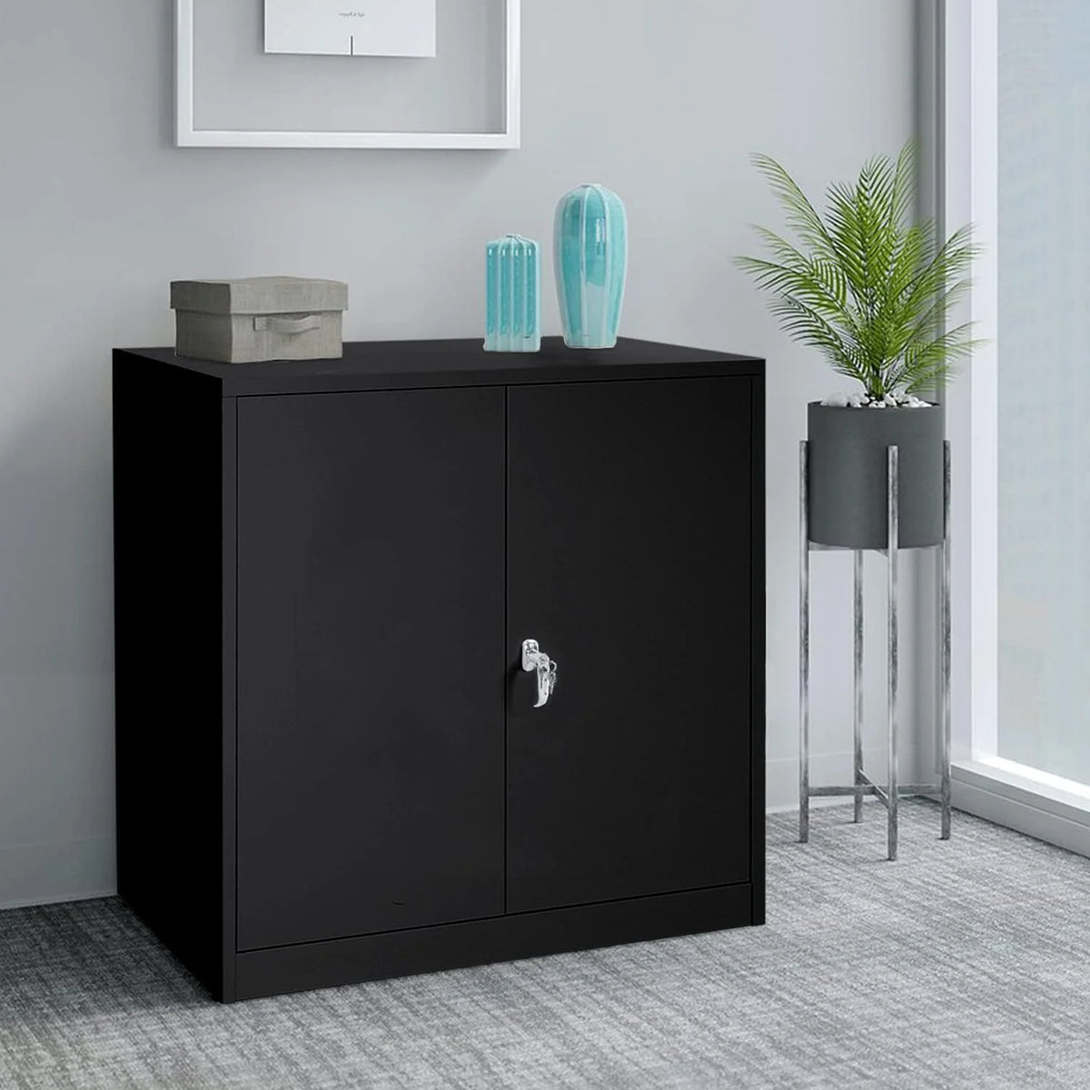 42 In Black Metal Storage Cabinet with Locking Doors and 2 Adjustable Shelves C3999