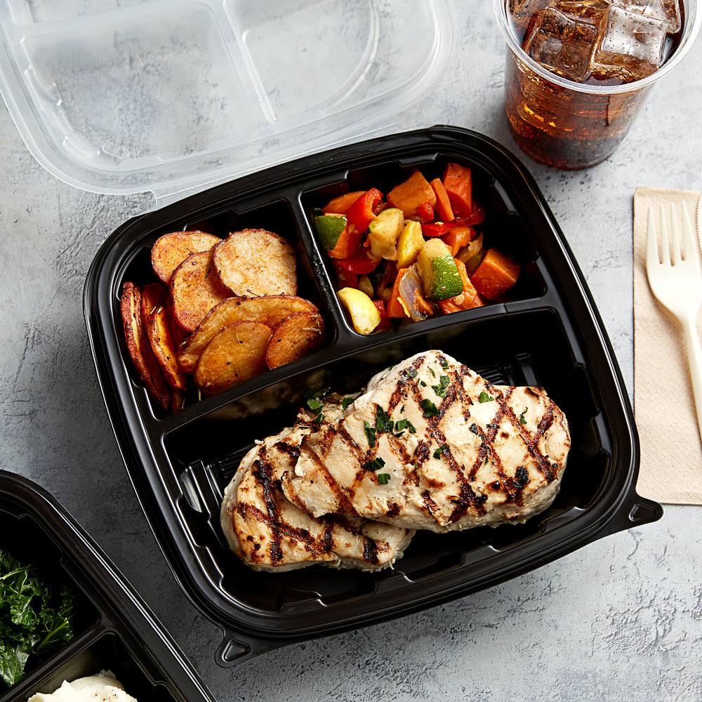Black Base Clear Lid 3-Compartment Hinged Square Container J7560