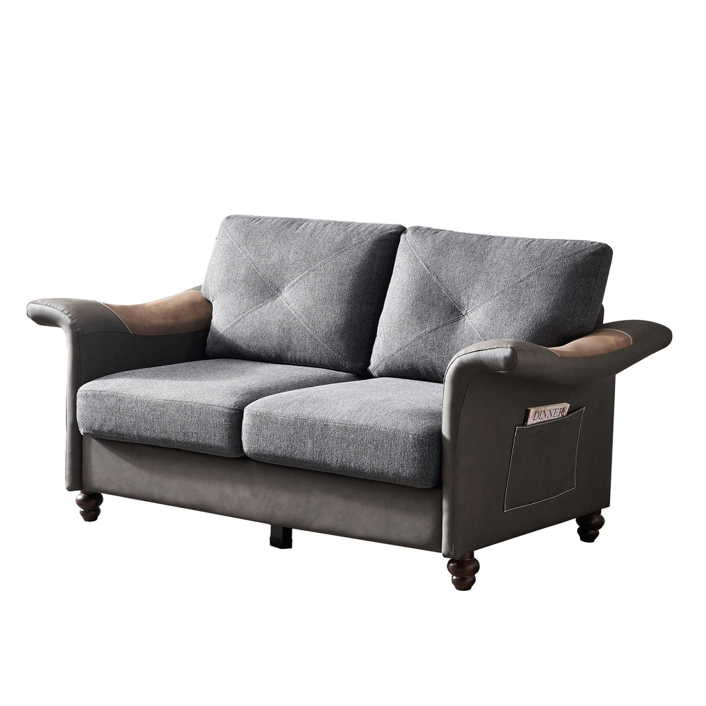 Dark Grey Faux Leather & Linen Sectional Sofa Set Q58127