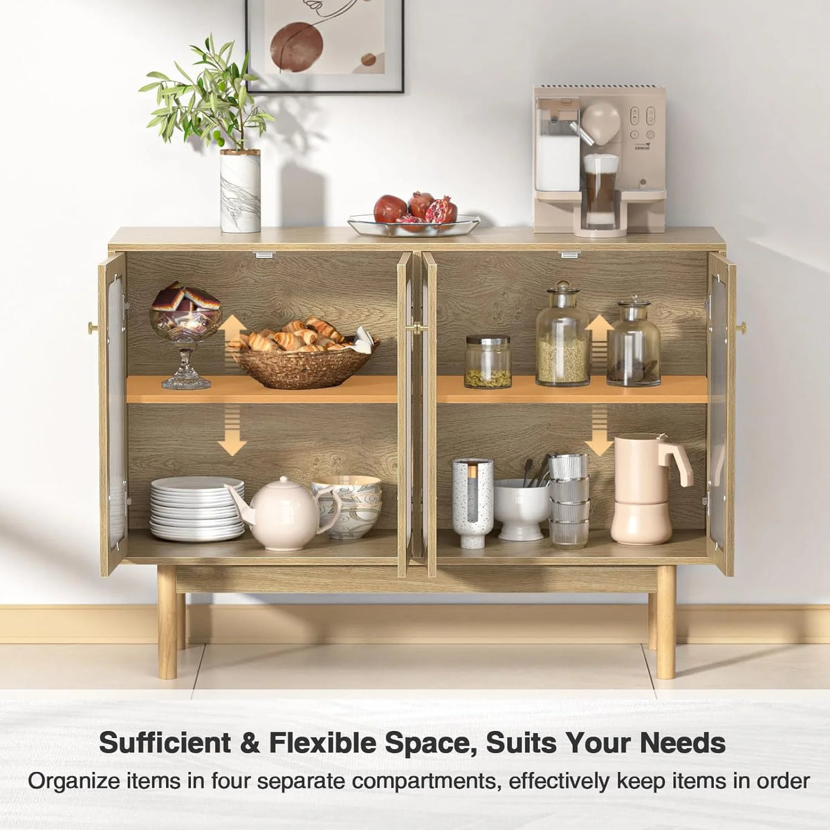4 Door Wood Buffet Cabinet with Glass Door and Adjustable Shelves H8981