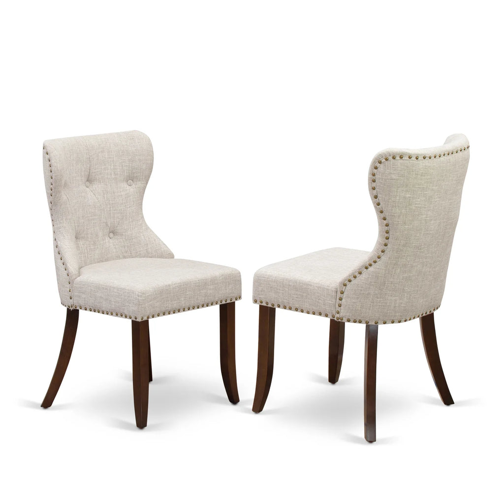 Wooden Dining Table Set of 6 Linen Fabric Chairs Mahogany M588