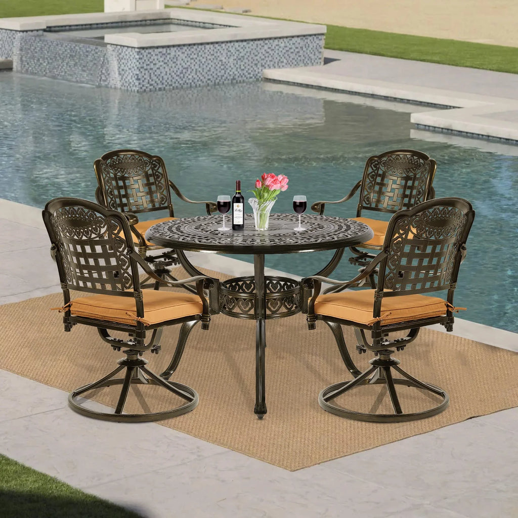 5-Piece Cast Aluminum Outdoor Patio Dining Set with 4 Swivel Chairs and Round Table P509169