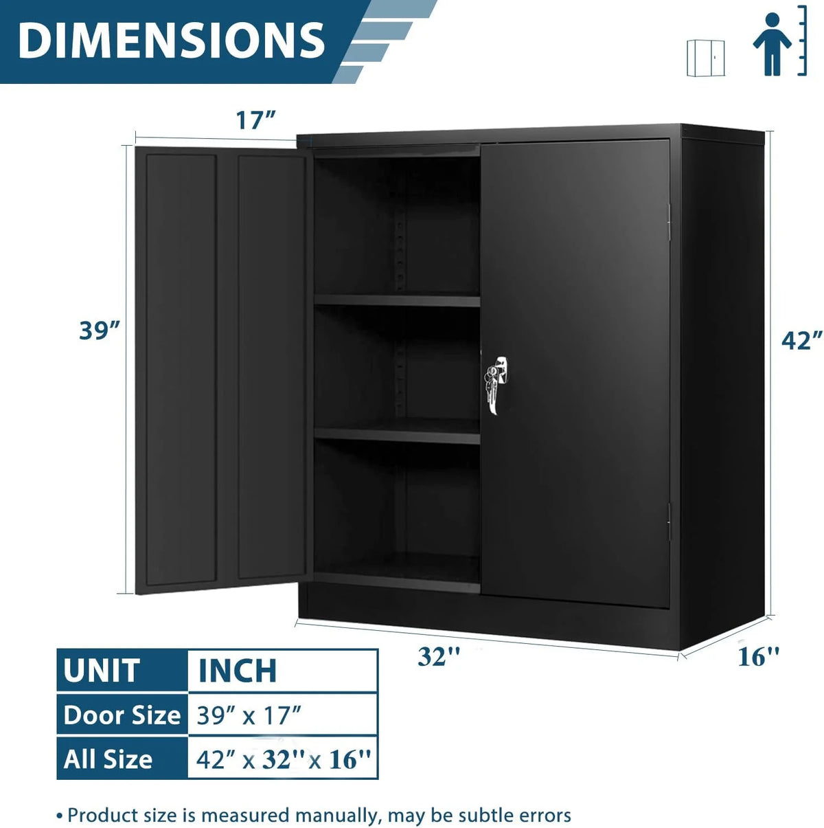 42 In Black Metal Storage Cabinet with Locking Doors and 2 Adjustable Shelves C3999