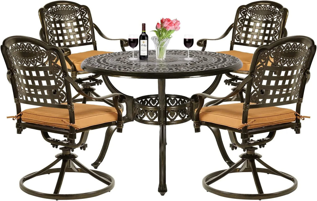 5-Piece Cast Aluminum Outdoor Patio Dining Set with 4 Swivel Chairs and Round Table P509169