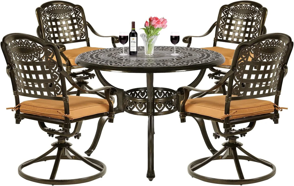 5-Piece Cast Aluminum Outdoor Patio Dining Set with 4 Swivel Chairs and Round Table P509169