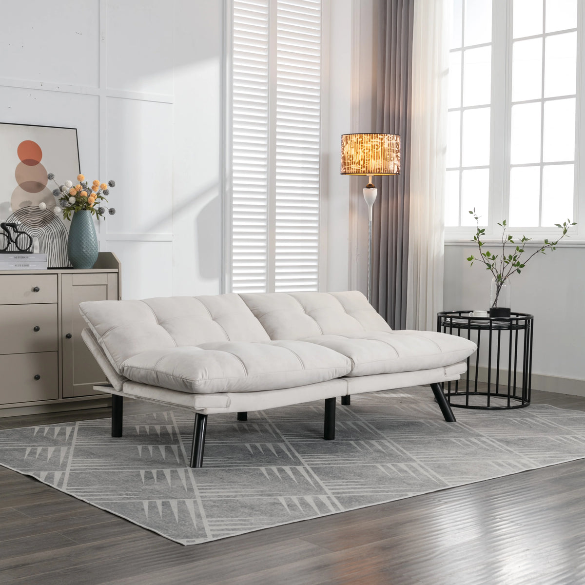 White Velvet Futon Sofa Bed with Adjustable Armrests G2905