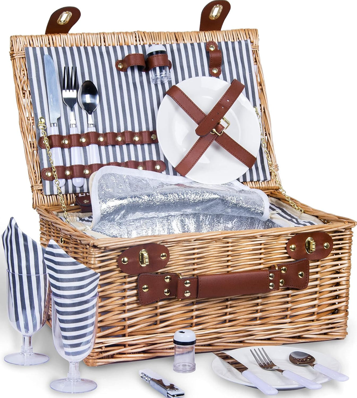 Picnic Basket for 2 with Insulated Liner, Grey Stripes W53954