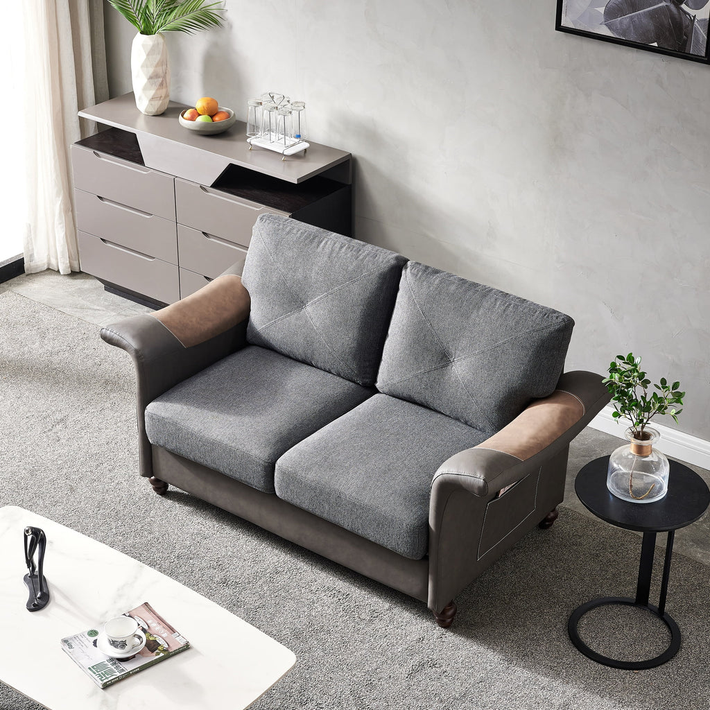 Dark Grey Faux Leather & Linen Sectional Sofa Set Q58127