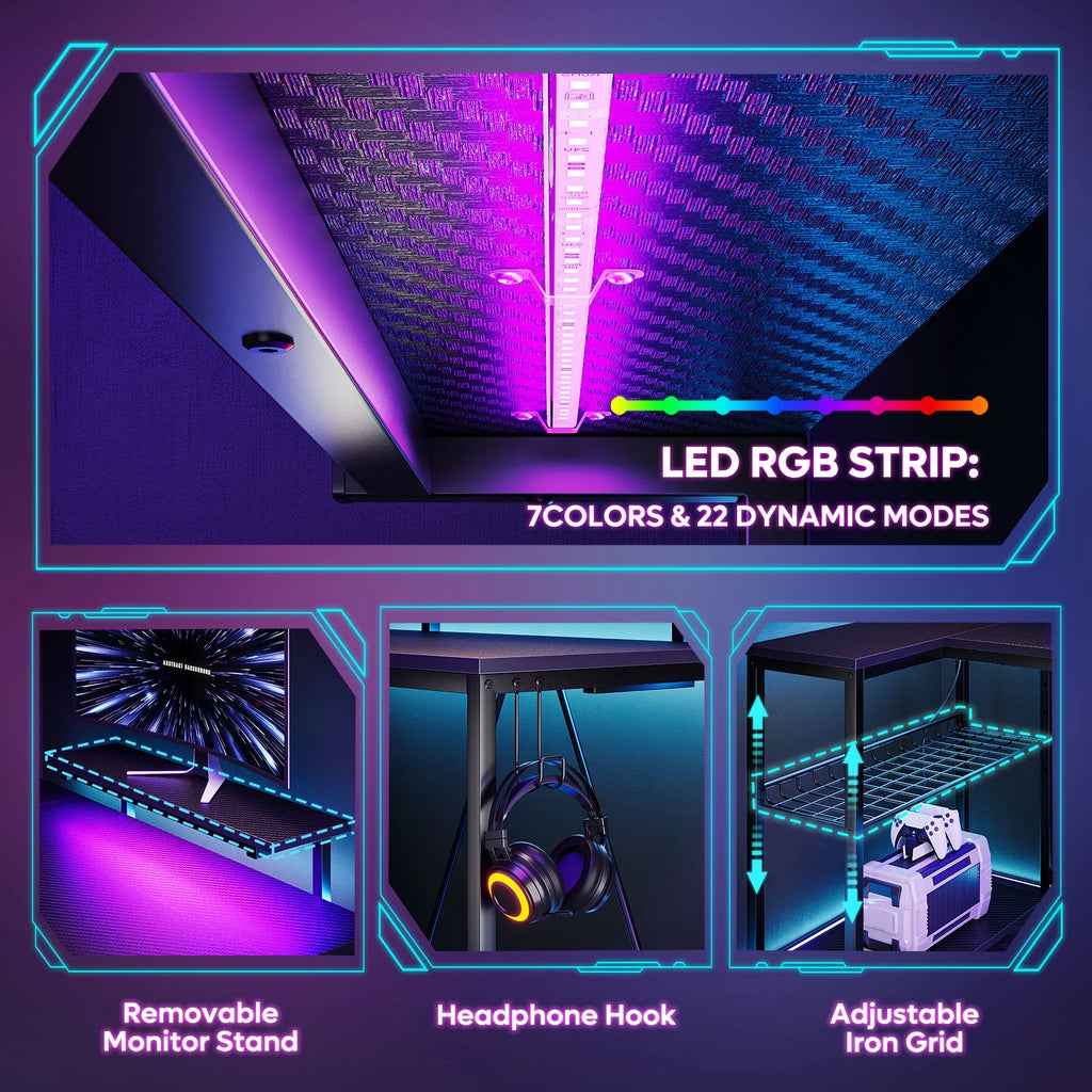 48" L Shaped Gaming Desk with LED Lights A619