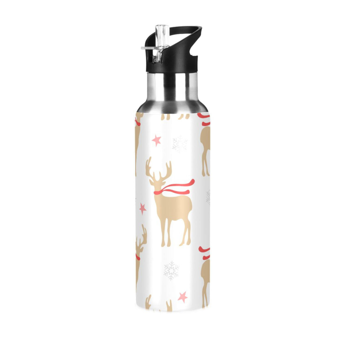 Gold Deers and Snowflakes Stainless Steel Insulated Water Bottle with Straw Lid B25406
