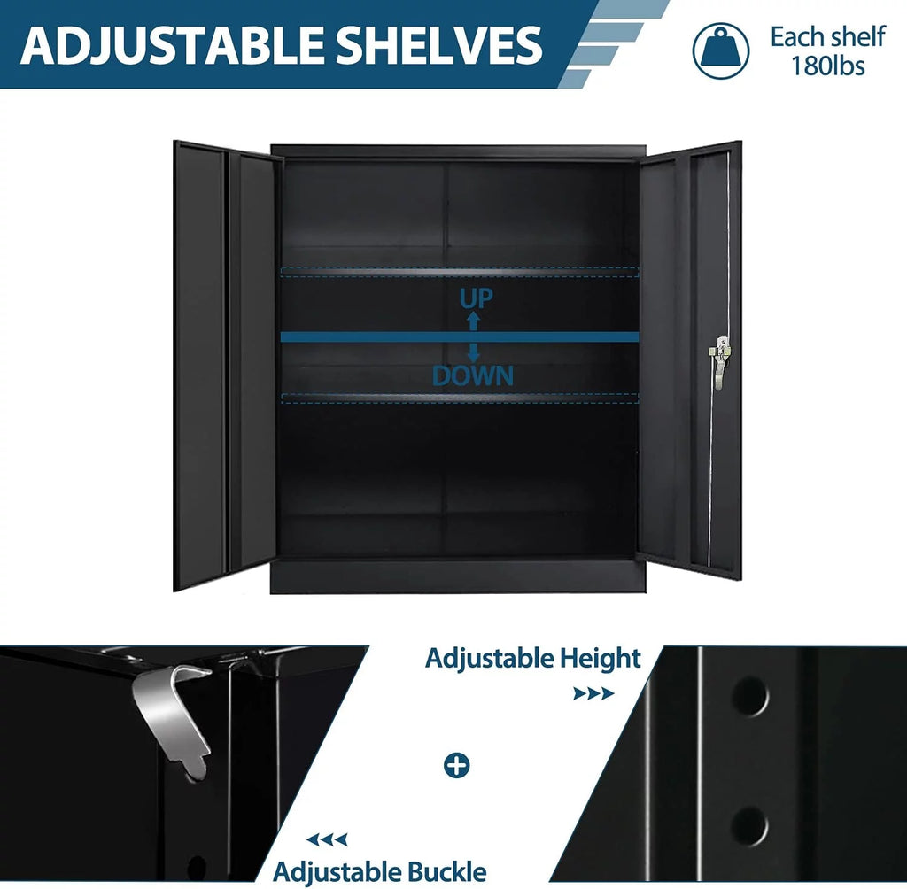 42 In Black Metal Storage Cabinet with Locking Doors and 2 Adjustable Shelves C3999