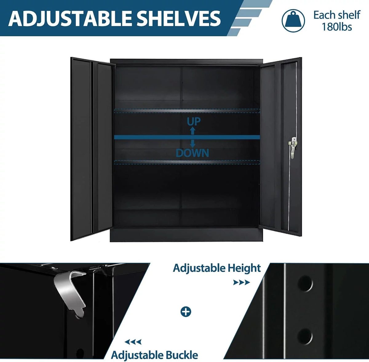 42 In Black Metal Storage Cabinet with Locking Doors and 2 Adjustable Shelves C3999
